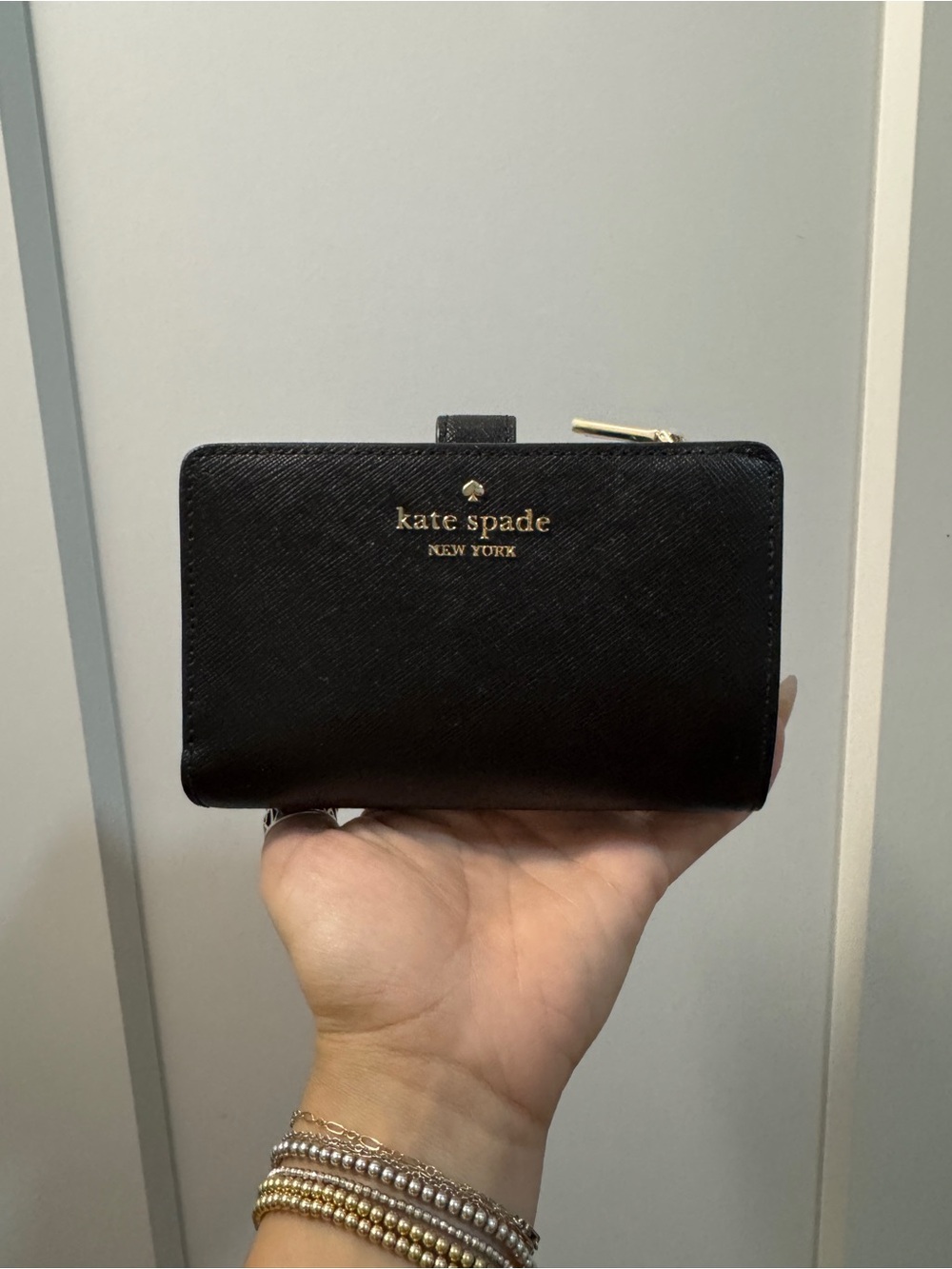 kate spade Black Saffiano Leather Zip Wallet with Gold Logo